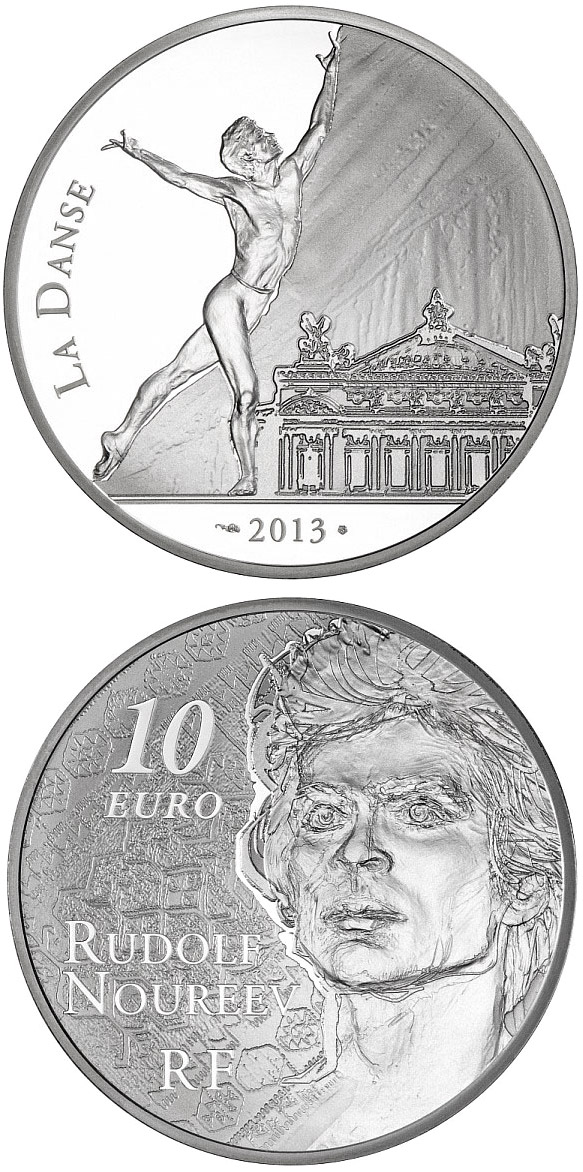 Image of 10 euro coin - Rudolf Noureev (Dance) | France 2013.  The Silver coin is of Proof quality.