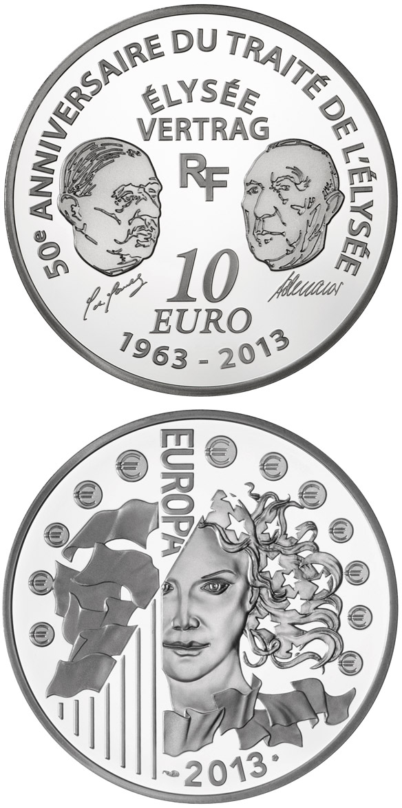 Image of 10 euro coin - 50 Years of the Élysée Treaty | France 2013.  The Silver coin is of Proof quality.