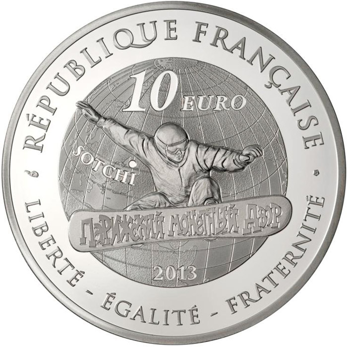 Image of 10 euro coin - Snowboard | France 2013.  The Silver coin is of Proof quality.