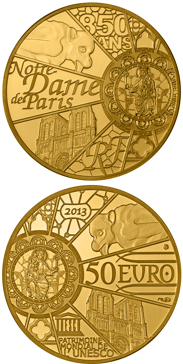 Image of 50 euro coin - Notre Dame de Paris | France 2013.  The Gold coin is of Proof quality.