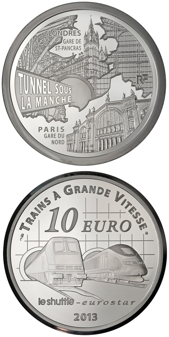 Image of 10 euro coin - Paris North Station, Saint Pancras Station, the Channel Tunel | France 2013.  The Silver coin is of Proof quality.