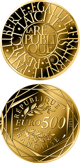Image of 500 euro coin - Republic | France 2013.  The Gold coin is of UNC quality.
