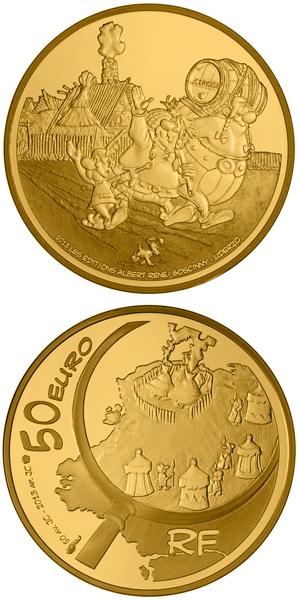 Image of 50 euro coin - Astérix | France 2013.  The Gold coin is of Proof quality.