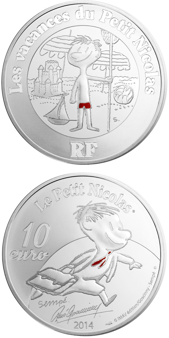 Image of 10 euro coin - Petit Nicolas - Holidays | France 2014.  The Silver coin is of Proof quality.