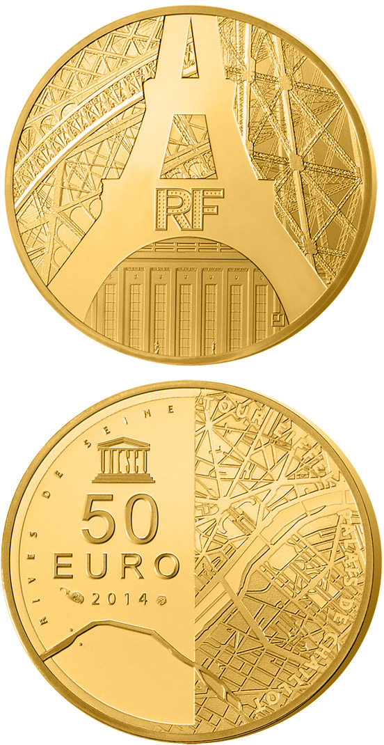 Image of 50 euro coin - The Seine Banks: Eiffel Tower - Chaillot | France 2014.  The Gold coin is of Proof quality.