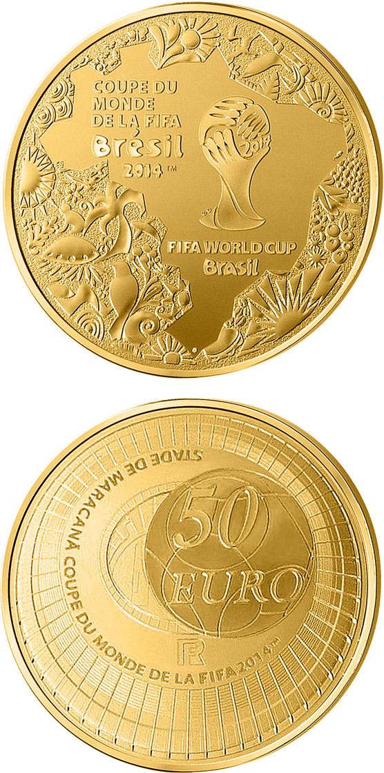 Image of 50 euro coin - FIFA 2014 : World Cup in Brazil | France 2014.  The Gold coin is of Proof quality.