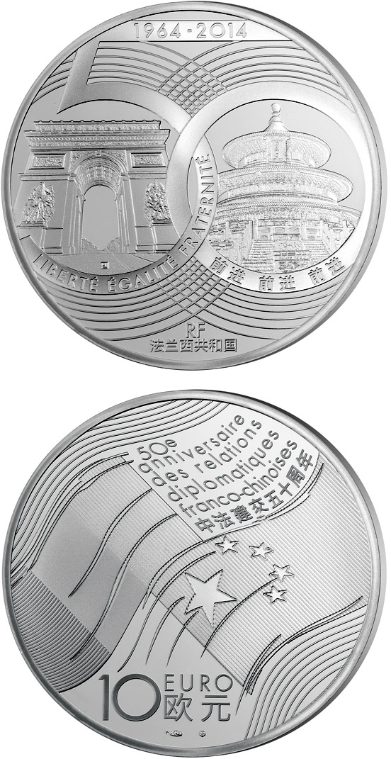 Image of 10 euro coin - France-China : 50years of Diplomatic Relations | France 2014.  The Silver coin is of Proof quality.