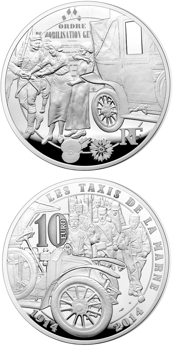 Image of 10 euro coin - Taxis de la Marne | France 2014.  The Silver coin is of Proof quality.