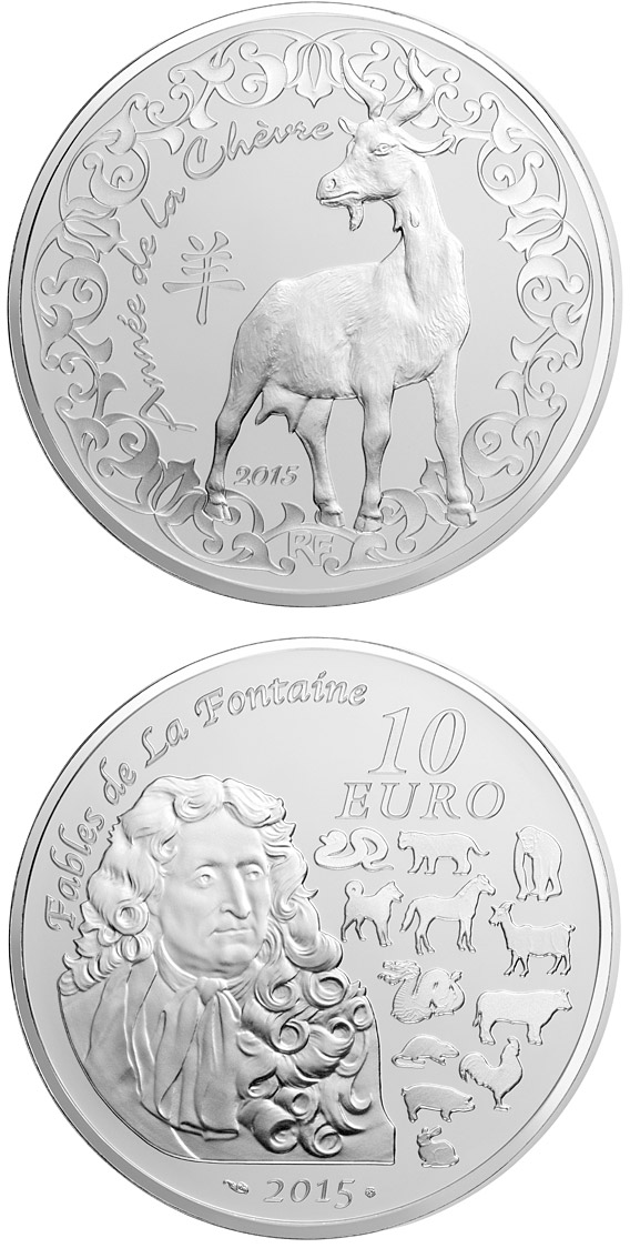 Image of 10 euro coin - Year of the Goat | France 2015.  The Silver coin is of Proof quality.