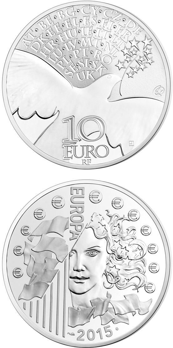Image of 10 euro coin - 70 years of Peace in Europe | France 2015.  The Silver coin is of Proof quality.