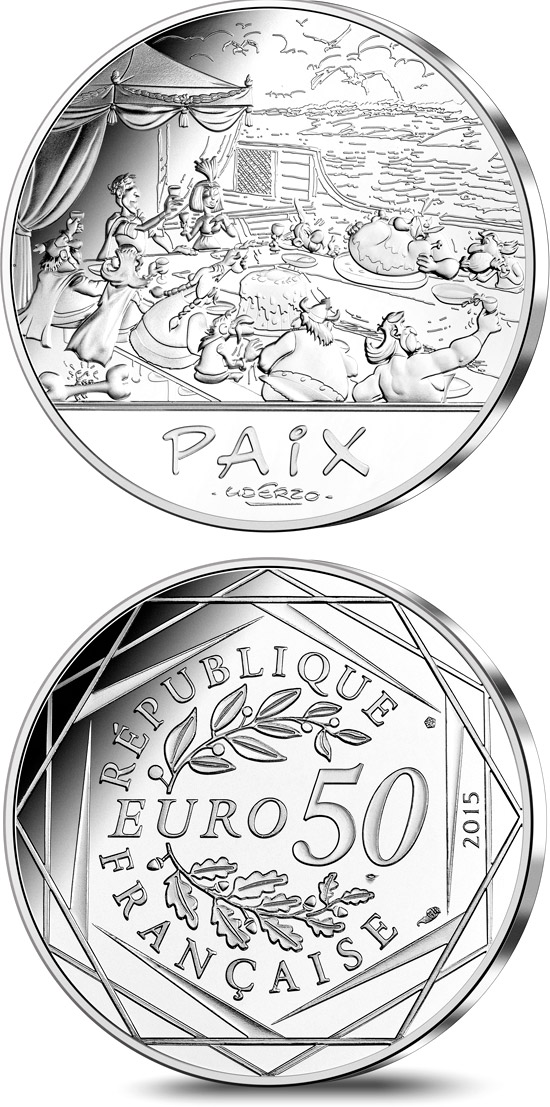 Image of 50 euro coin - Astérix and The French Republic | France 2015.  The Silver coin is of BU quality.