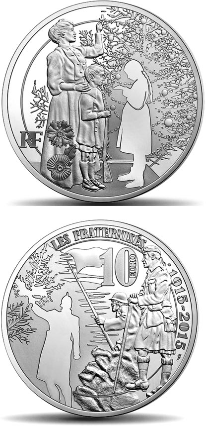 Image of 10 euro coin - Christmas Truce  | France 2015.  The Silver coin is of Proof quality.