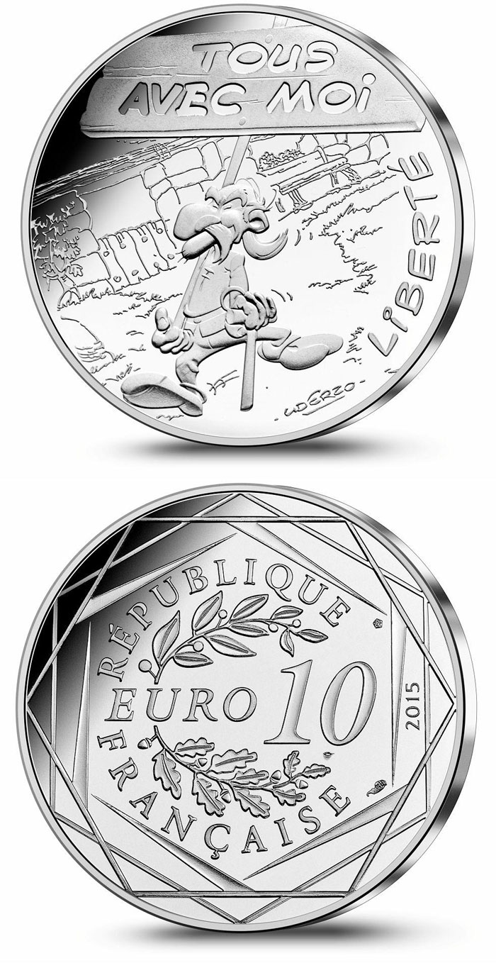 Image of 10 euro coin - Liberty Demonstration | France 2015.  The Silver coin is of UNC quality.