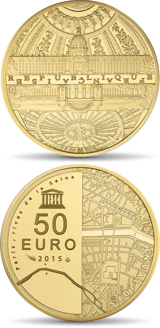 Image of 50 euro coin - The Seine Banks: Invalides - Grand Palais  | France 2015.  The Gold coin is of Proof quality.