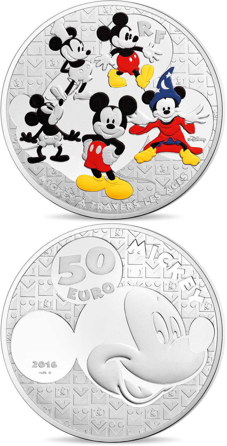Image of 50 euro coin - Youth Mickey through the ages  | France 2016.  The Silver coin is of Proof quality.