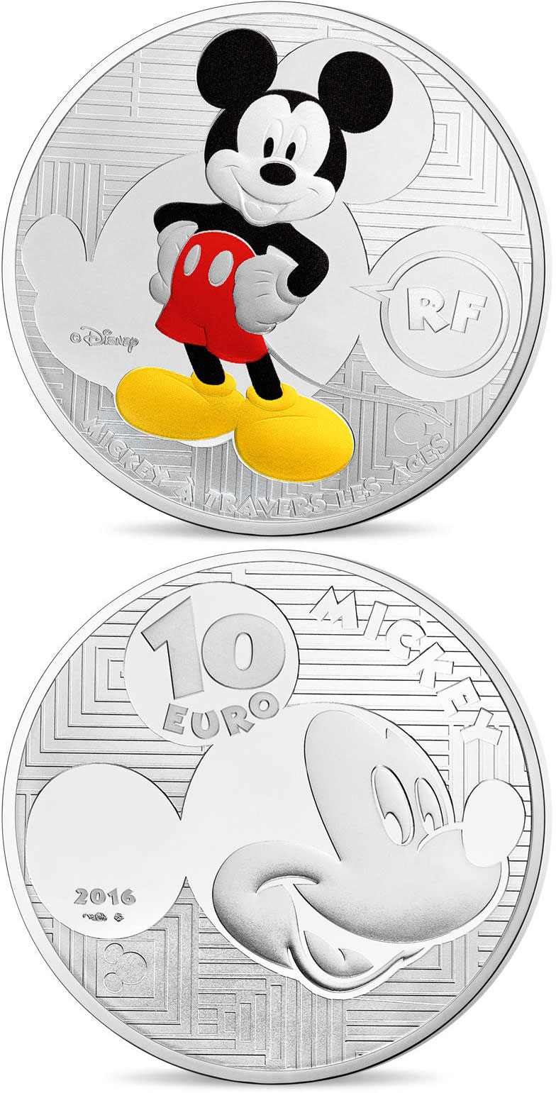 Image of 10 euro coin - Youth Mickey through the ages  | France 2016.  The Silver coin is of Proof quality.