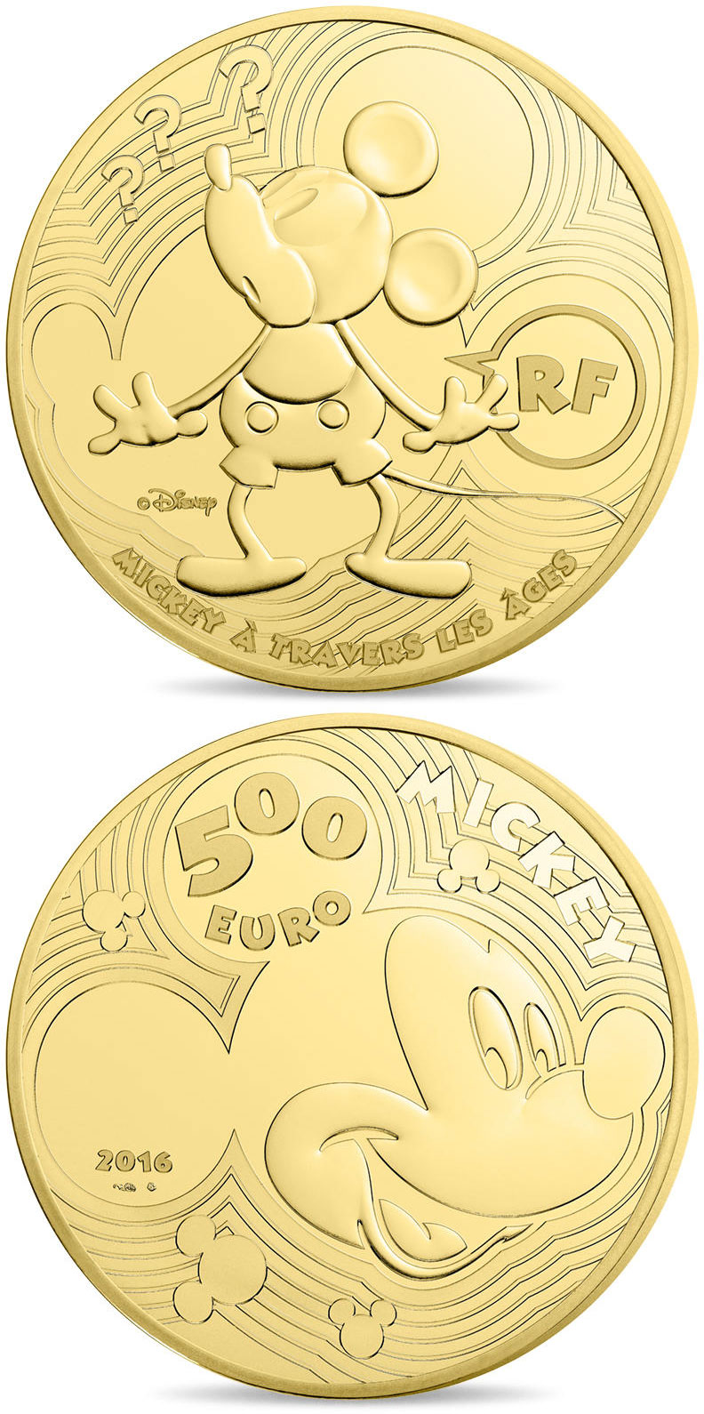 Image of 500 euro coin - Youth Mickey through the ages  | France 2016.  The Gold coin is of Proof quality.