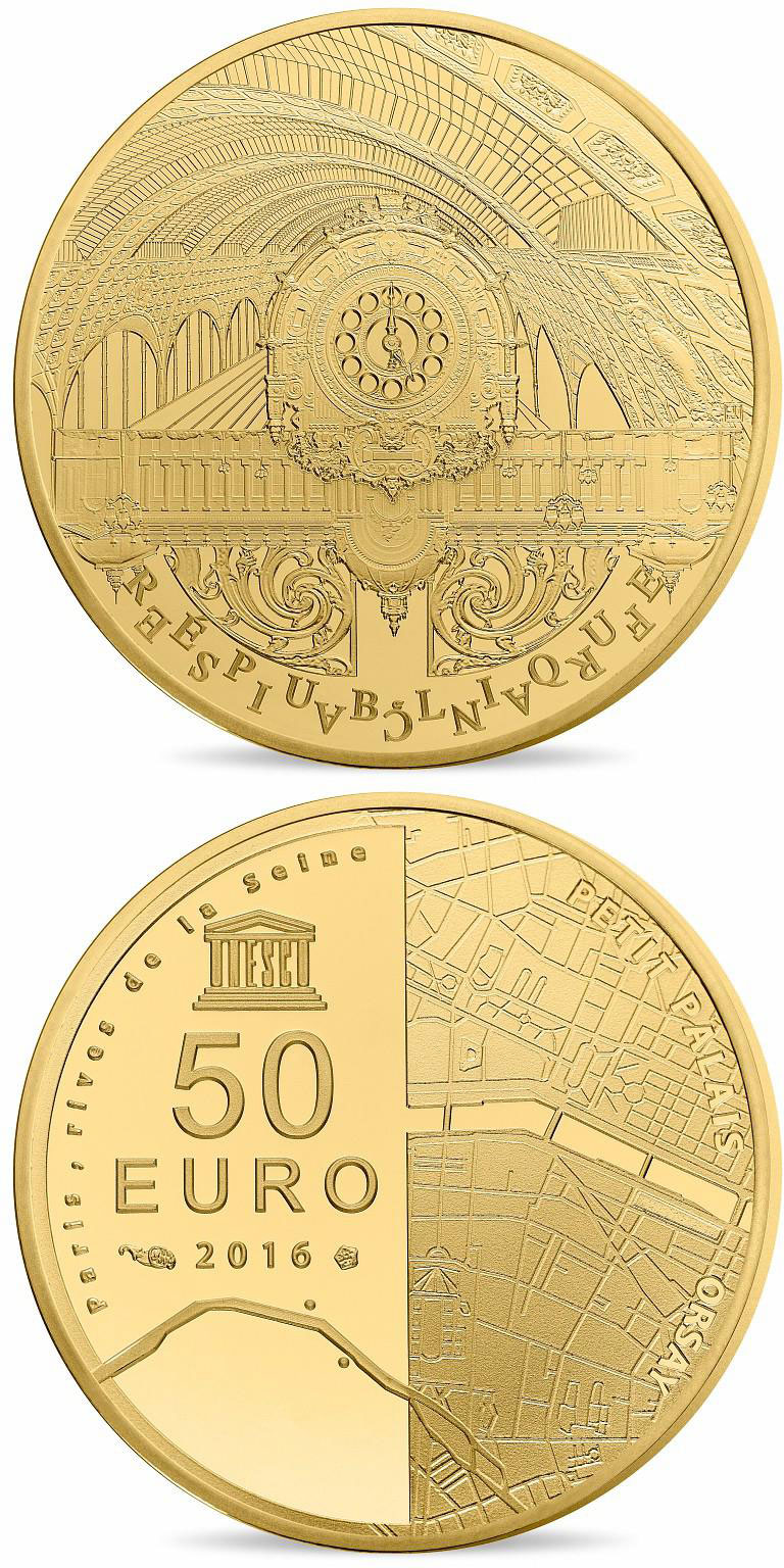 Image of 50 euro coin - The Seine Banks: Orsay - Petit Palais | France 2016.  The Gold coin is of Proof quality.
