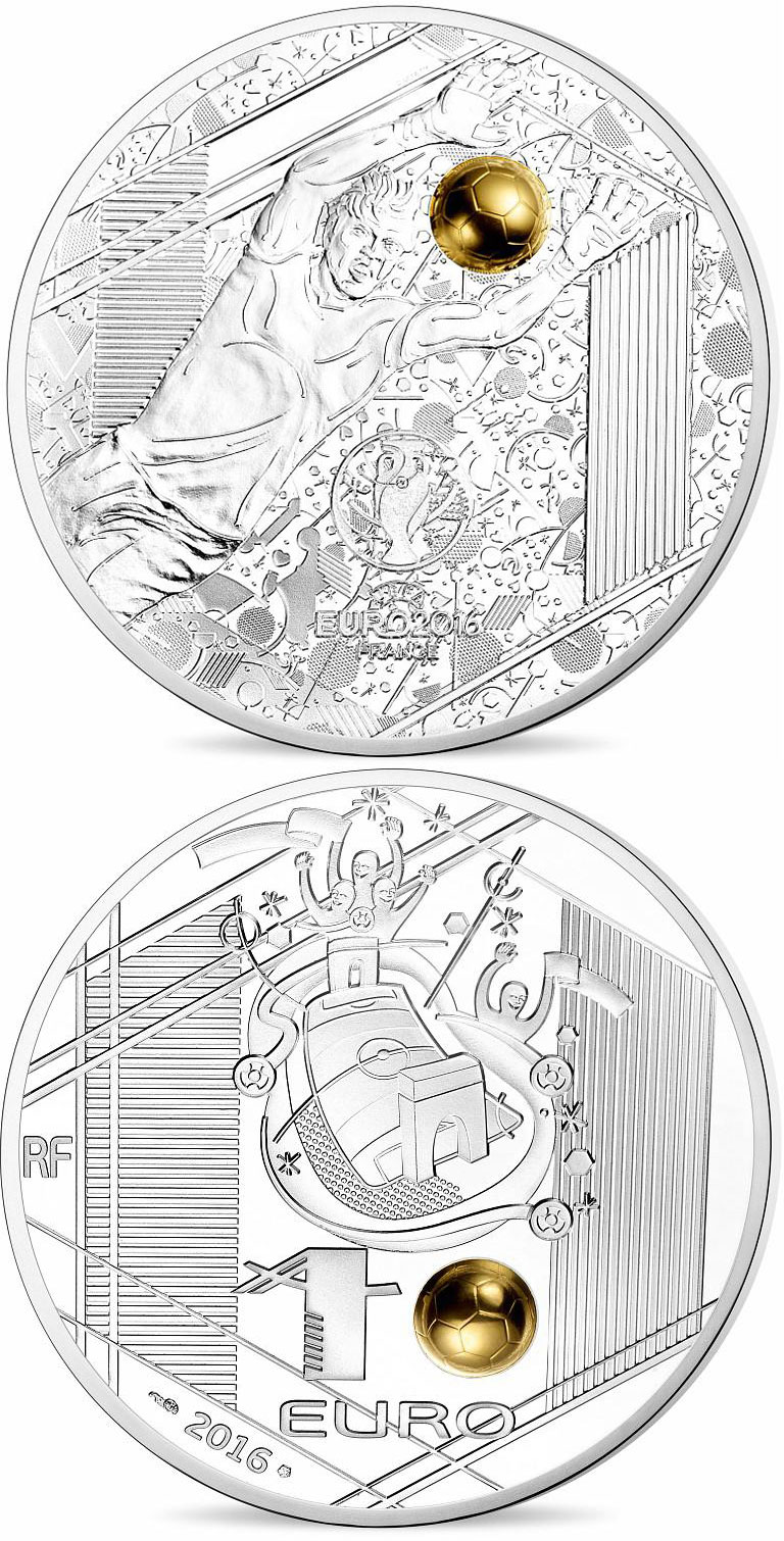 Image of 10 euro coin - UEFA Euro 2016 France  | France 2016.  The Silver coin is of Proof quality.