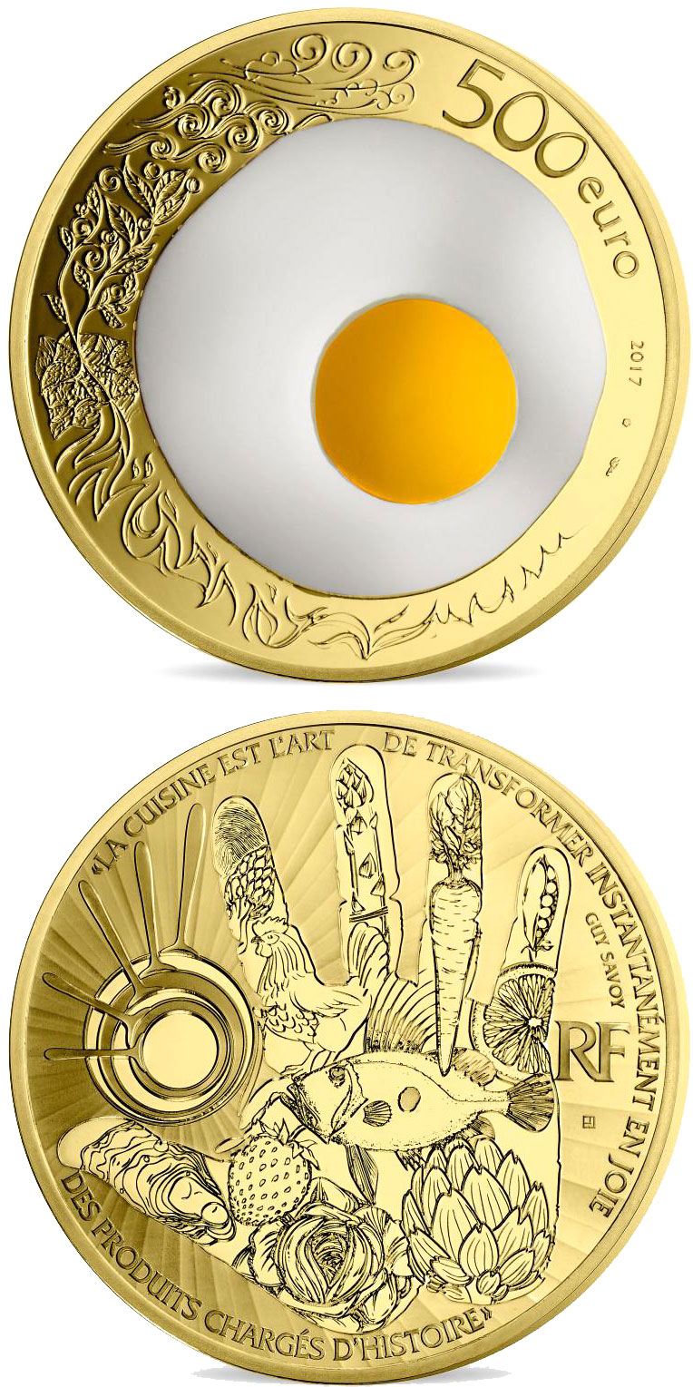 Image of 500 euro coin - Guy Savoy  | France 2017.  The Gold coin is of Proof quality.