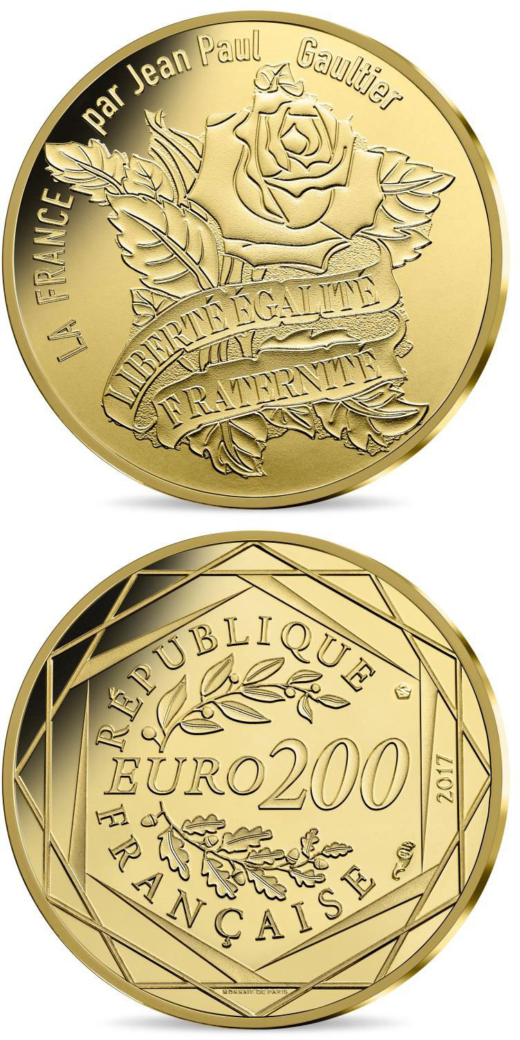Image of 200 euro coin - France by Jean Paul Gaultier | France 2017.  The Gold coin is of BU quality.