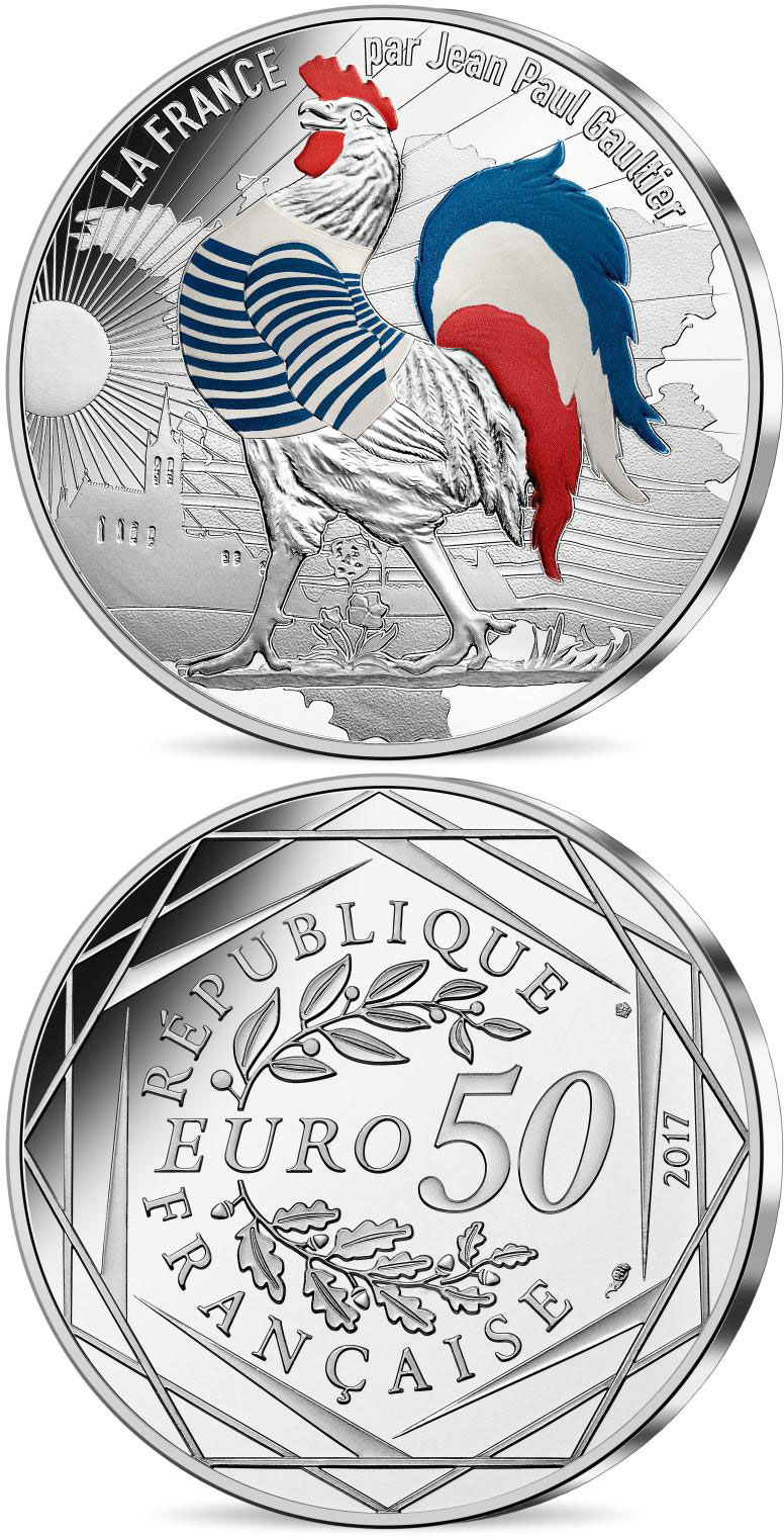 Image of 50 euro coin - France by Jean Paul Gaultier- silver coin Marinière | France 2017.  The Silver coin is of UNC quality.