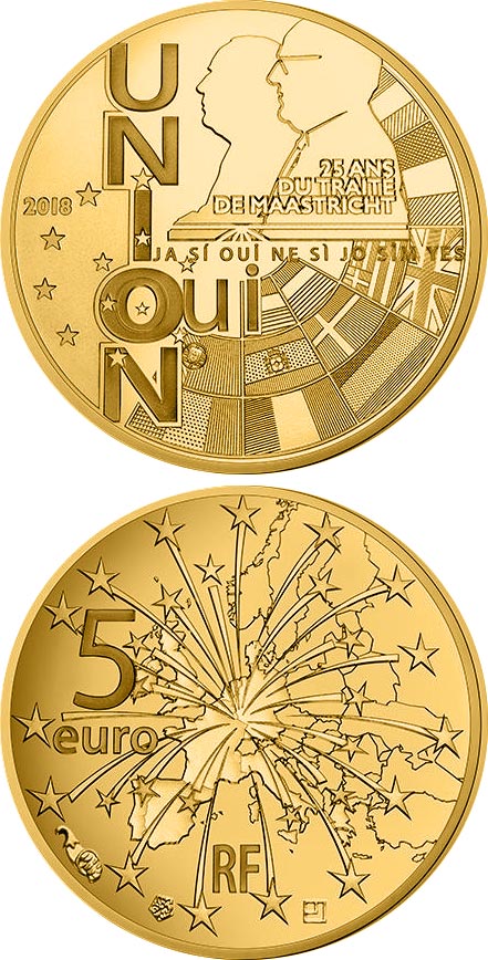 Image of 5 euro coin - 25th anniversary of the Maastricht Treaty | France 2018.  The Gold coin is of Proof quality.