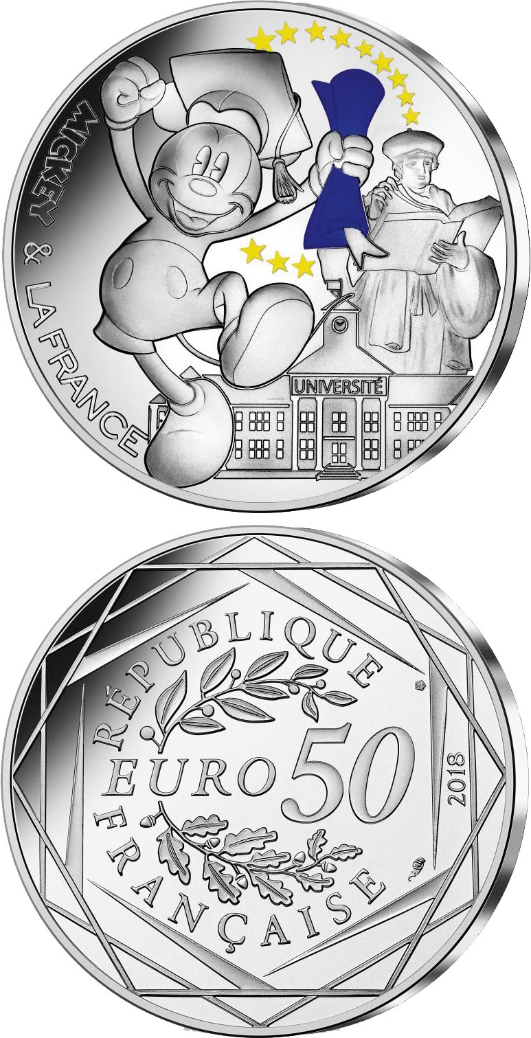 Image of 50 euro coin - Mickey et la France - Student | France 2018.  The Silver coin is of BU quality.