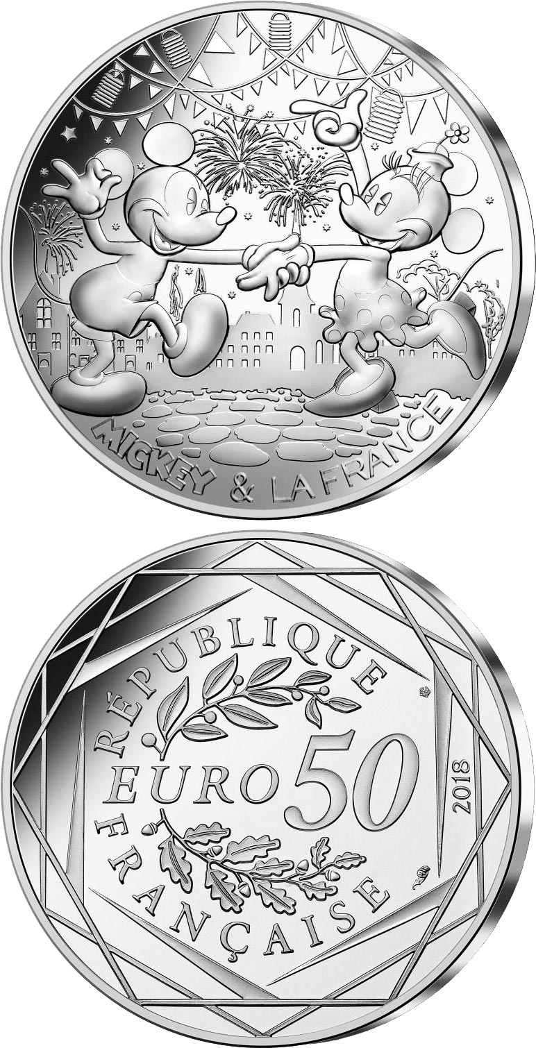 Image of 50 euro coin - Mickey et la France -  14th of July | France 2018.  The Silver coin is of BU quality.