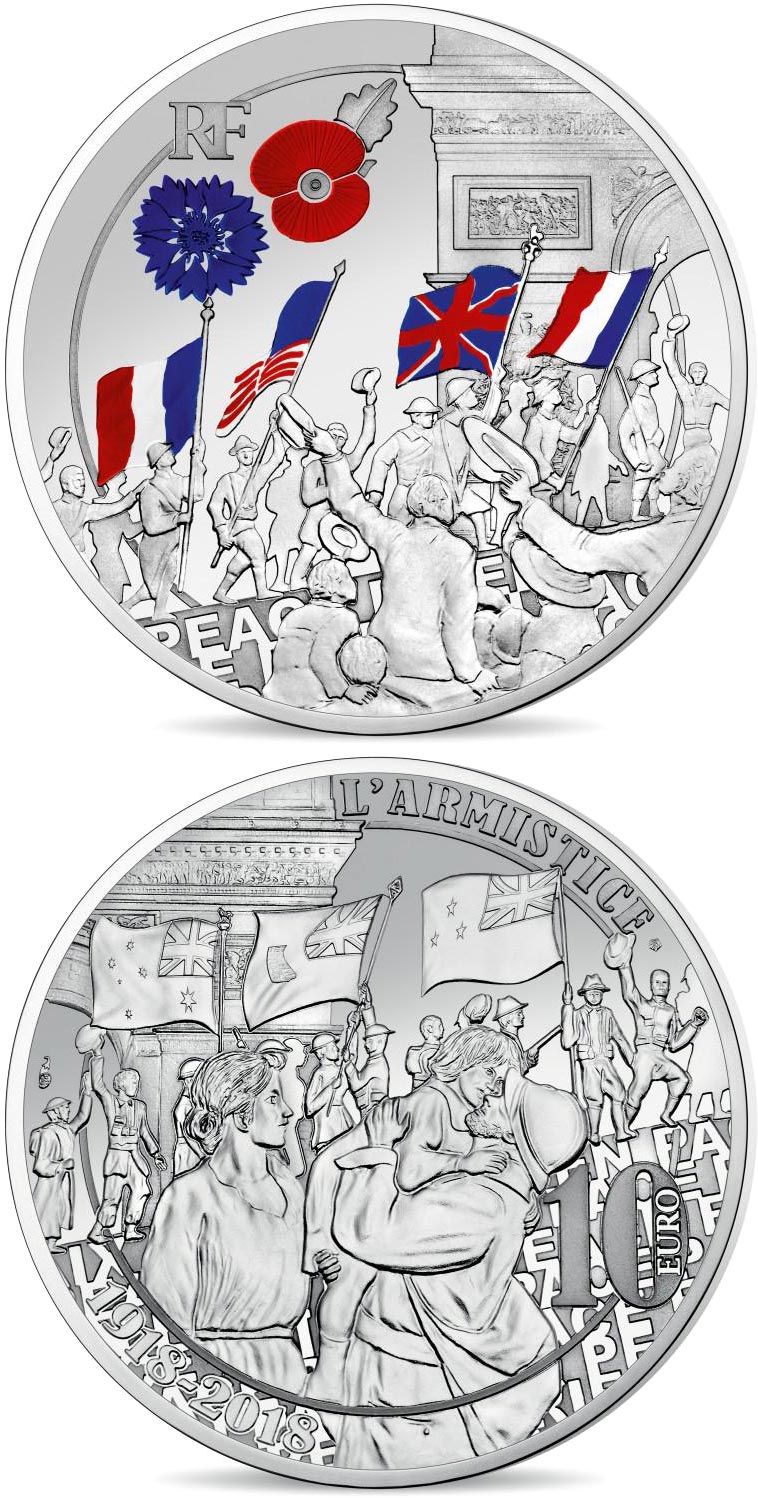 Image of 10 euro coin - People Jubilation | France 2018.  The Silver coin is of Proof quality.