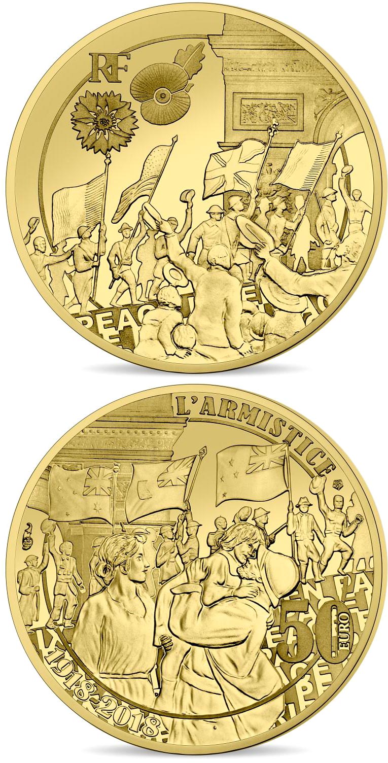Image of 50 euro coin - People Jubilation | France 2018.  The Gold coin is of Proof quality.