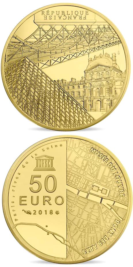 Image of 50 euro coin - The Seine Banks: Orsay - The Louvre and the Pont des Arts | France 2018.  The Gold coin is of Proof quality.