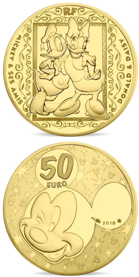 Image of 50 euro coin - Mickey and friends | France 2018.  The Gold coin is of Proof quality.