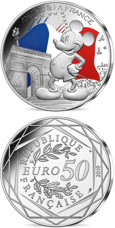Image of 50 euro coin - Mickey et la France -  Champs Elysées | France 2018.  The Silver coin is of BU quality.