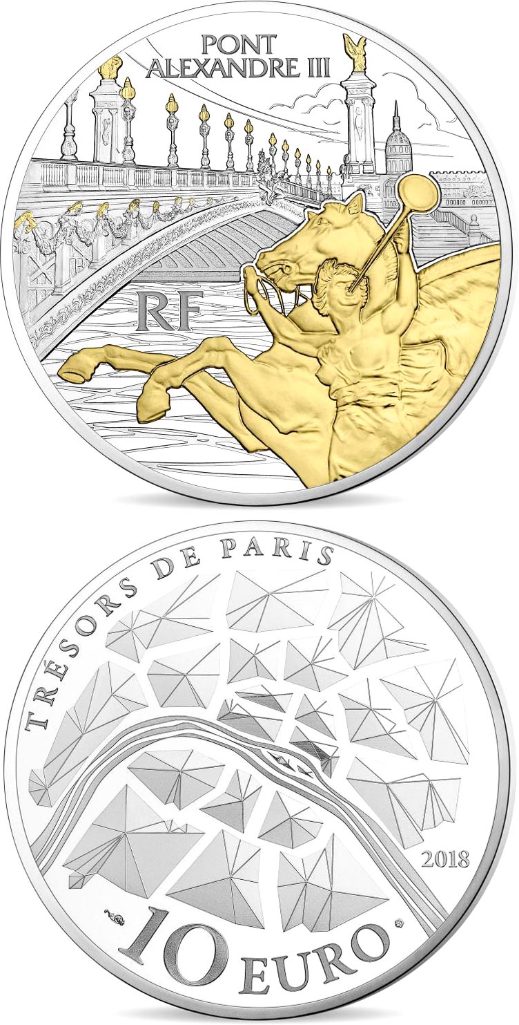Image of 10 euro coin - Alexander III Bridge  | France 2018.  The Silver coin is of Proof quality.