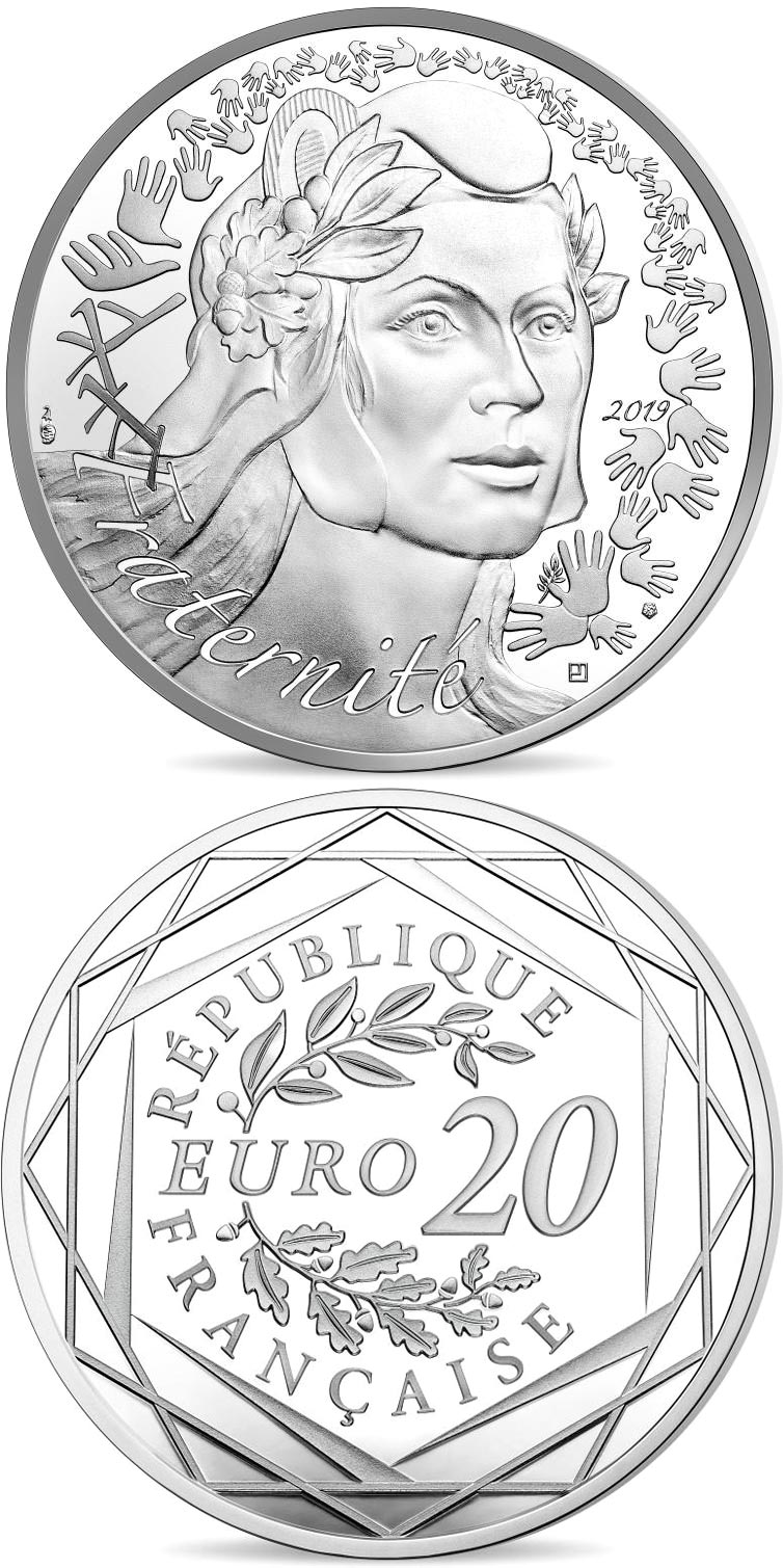 Image of 20 euro coin - Marianne | France 2019.  The Silver coin is of BU quality.