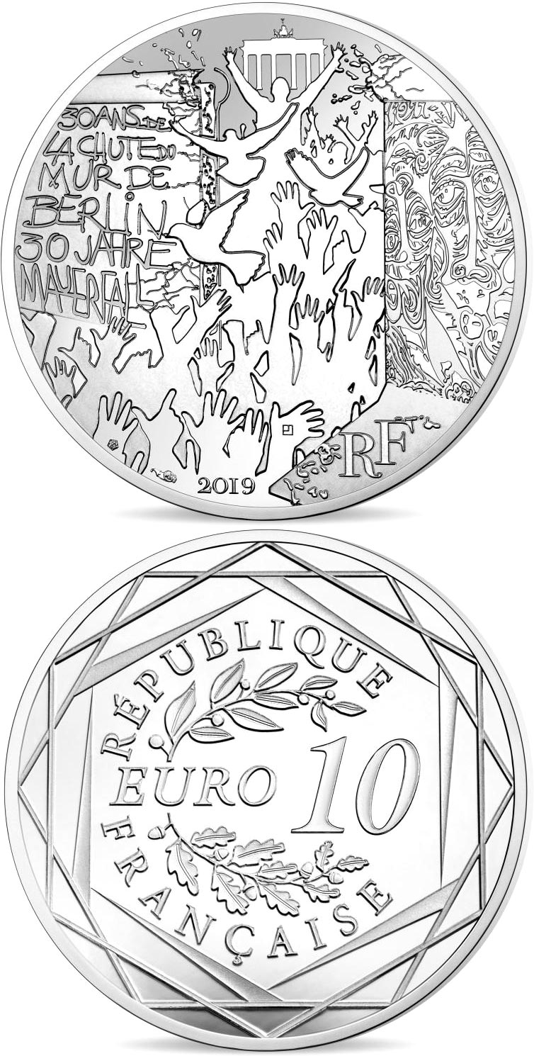 Image of 10 euro coin - The Fall of Berlin Wall | France 2019.  The Copper–Nickel (CuNi) coin is of UNC quality.