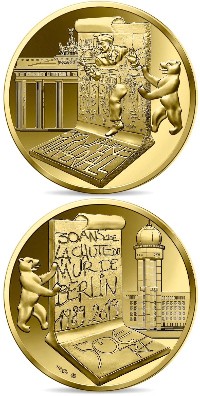 Image of 50 euro coin - The Fall of Berlin Wall | France 2019.  The Gold coin is of Proof quality.