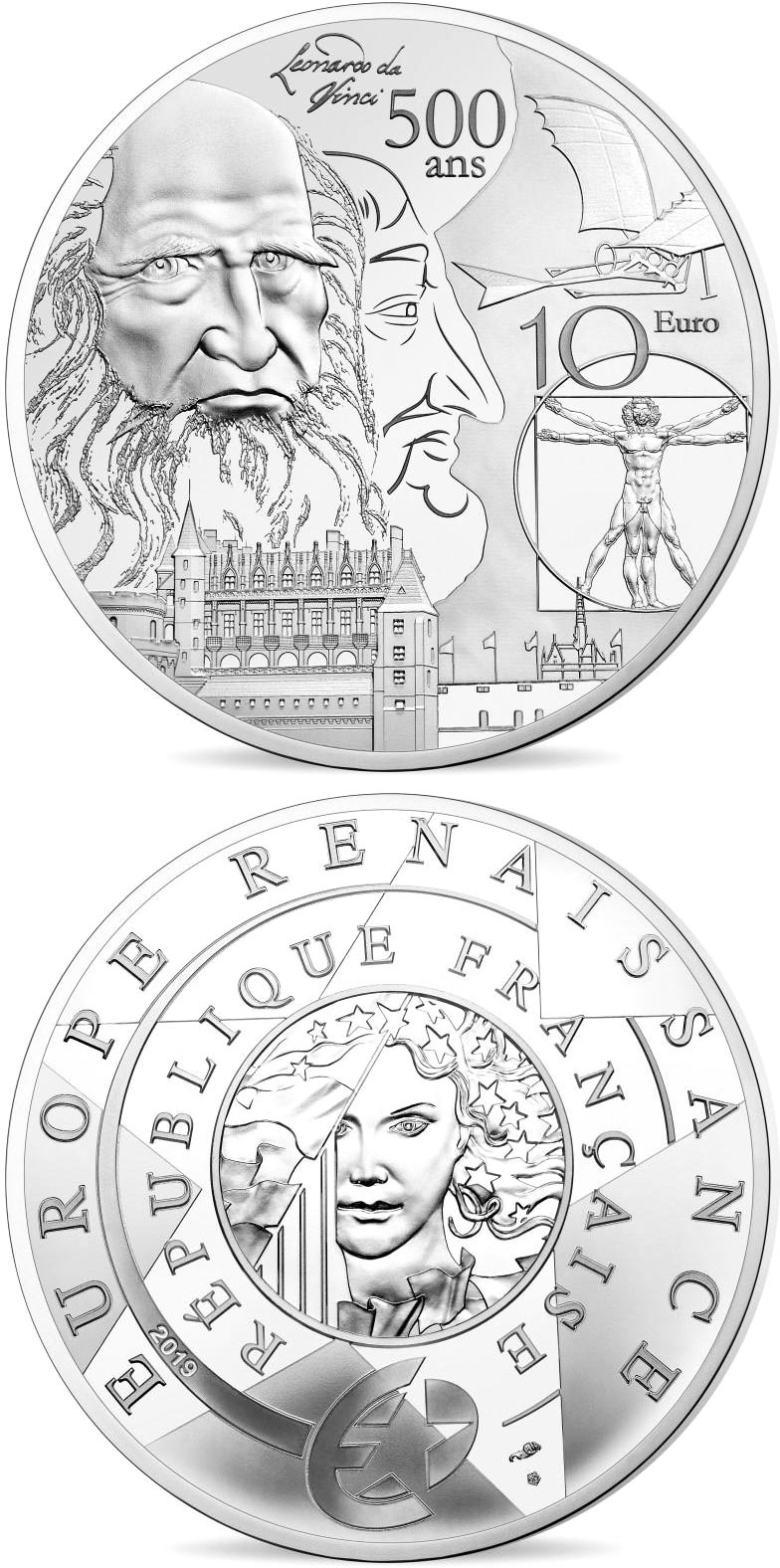Image of 10 euro coin - Renaissance Era Europa | France 2019.  The Silver coin is of Proof quality.