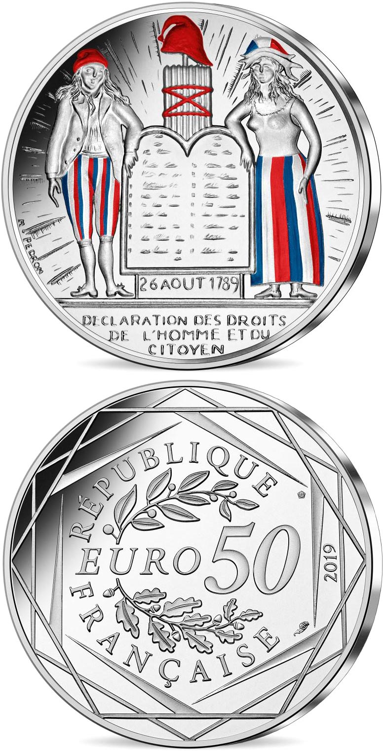 Image of 50 euro coin - Coin of History - Human Rights  | France 2019.  The Silver coin is of BU quality.