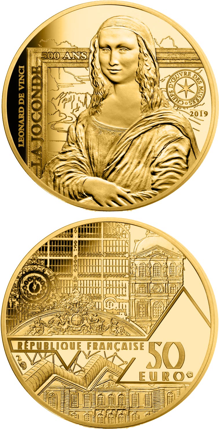 Image of 50 euro coin - Monna Lisa | France 2019.  The Gold coin is of Proof quality.
