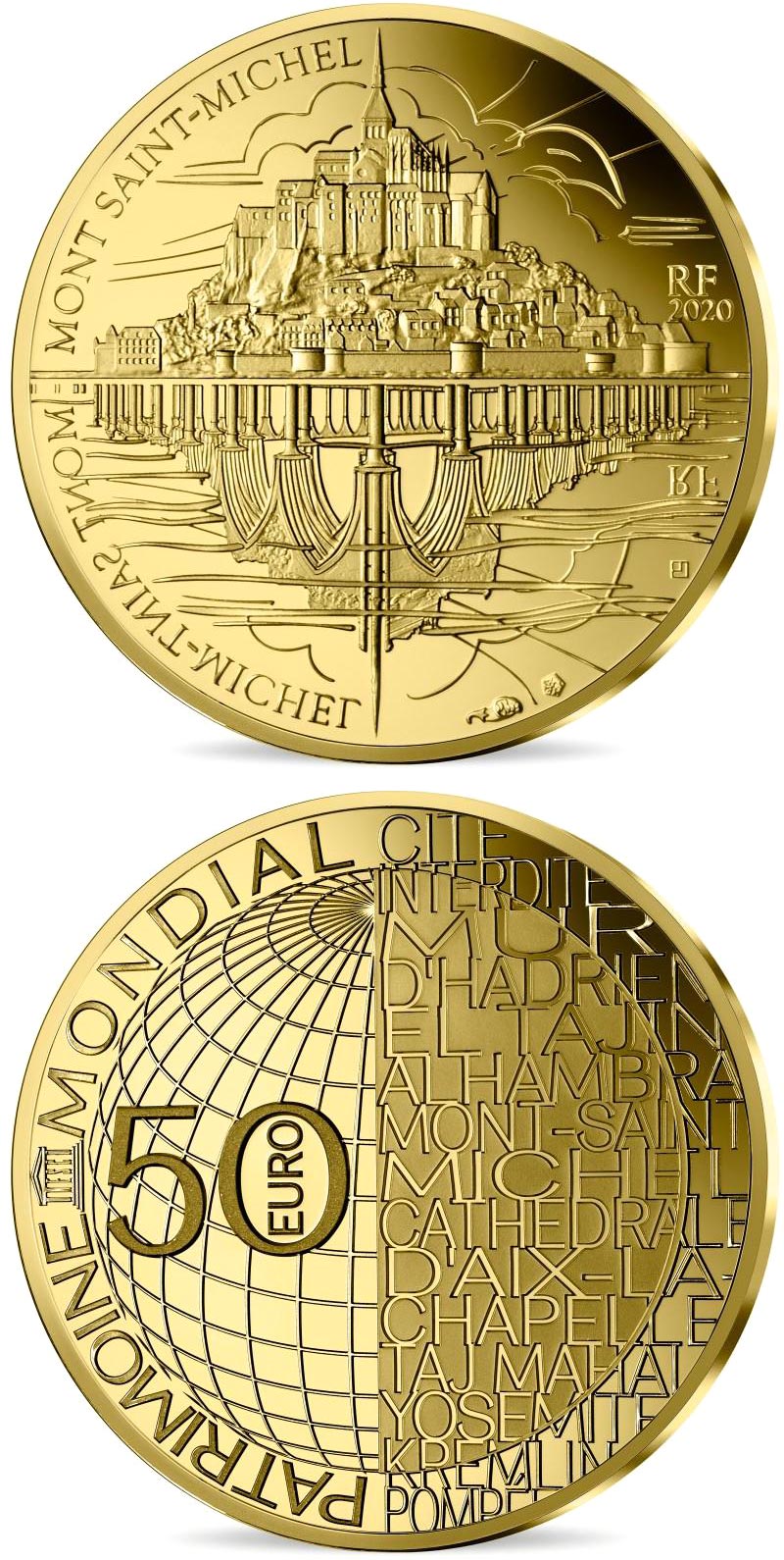 Image of 50 euro coin - Mont Saint-Michel | France 2020.  The Gold coin is of Proof quality.