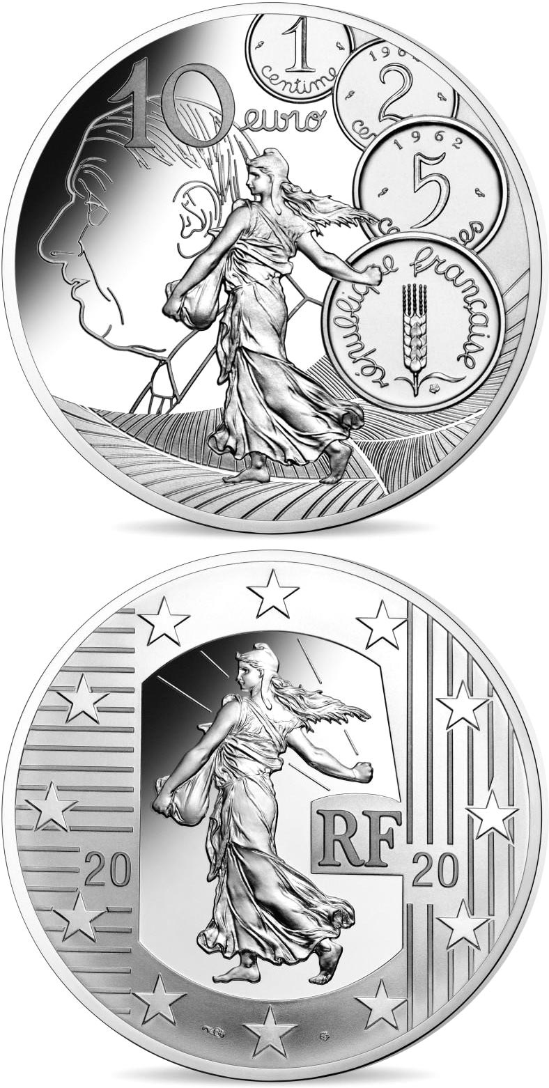 Image of 10 euro coin - The New Franc  | France 2020.  The Silver coin is of Proof quality.