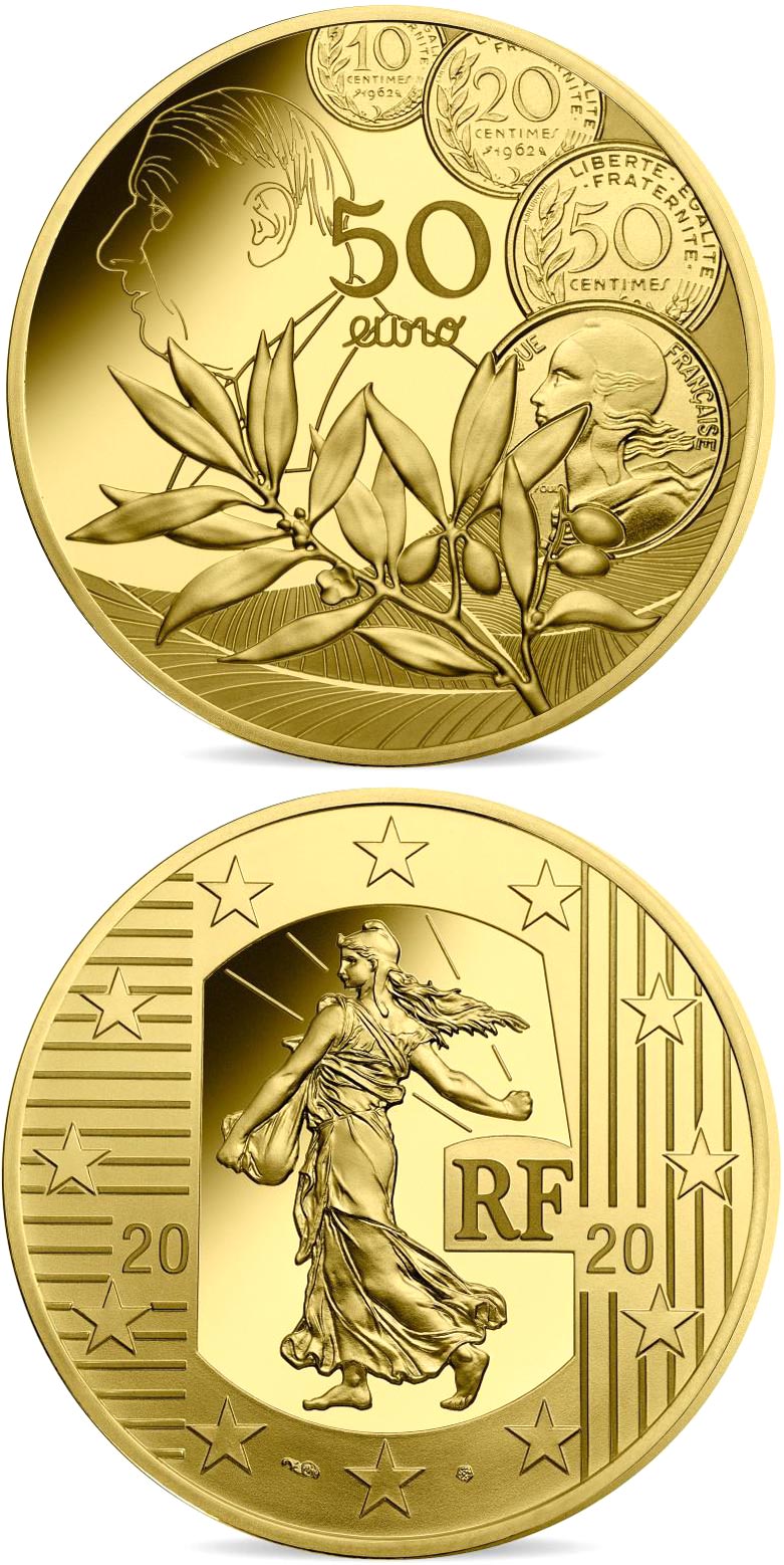 Image of 50 euro coin - The New Franc | France 2020.  The Gold coin is of Proof quality.