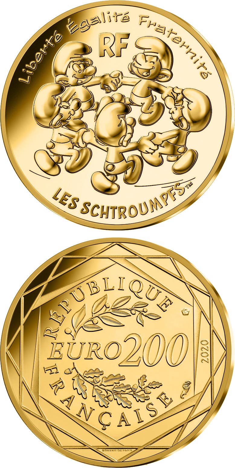 Image of 200 euro coin - The round dance of the Smurfs | France 2020.  The Gold coin is of BU quality.