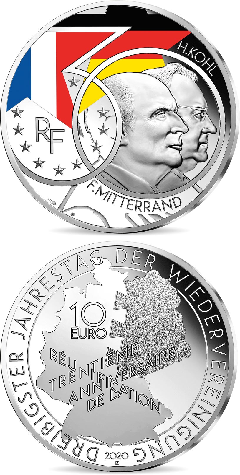 Image of 10 euro coin - Mitterrand - Kohl  | France 2020.  The Silver coin is of Proof quality.