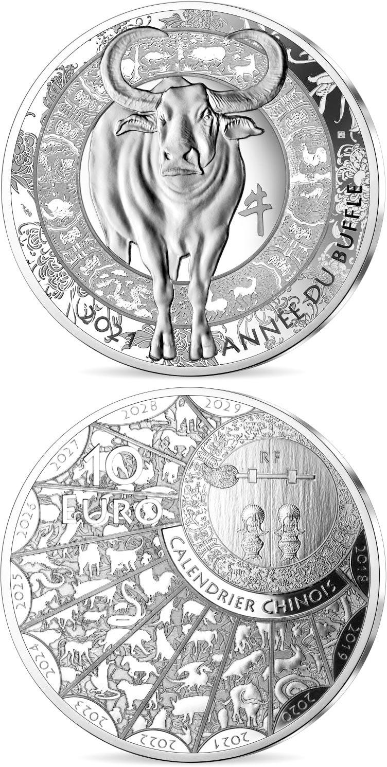 Image of 10 euro coin - Year of the Buffalo | France 2021.  The Silver coin is of Proof quality.