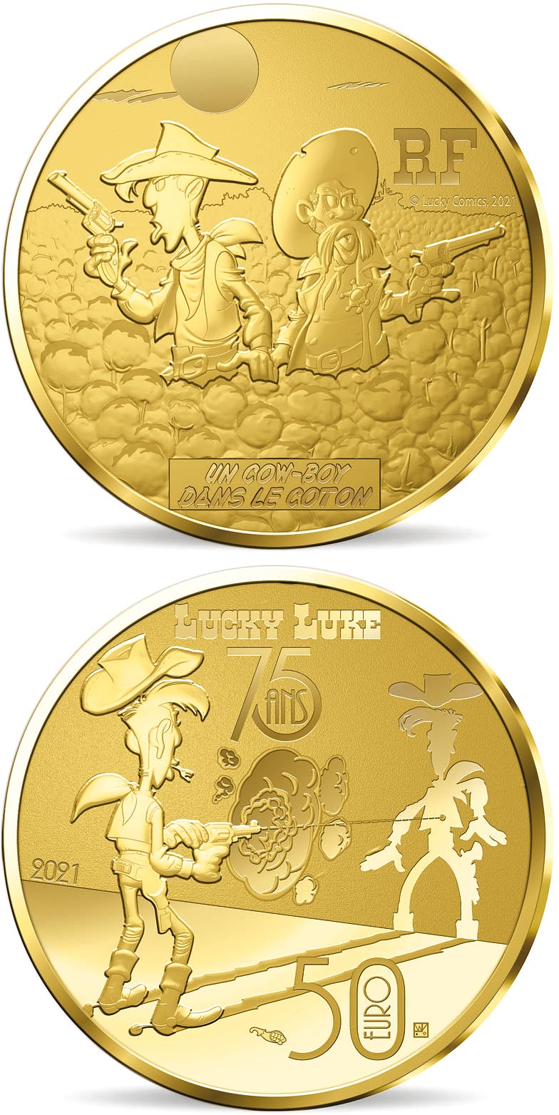 Image of 50 euro coin - Lucky Luke – A cowboy in high cotton  | France 2021.  The Gold coin is of Proof quality.