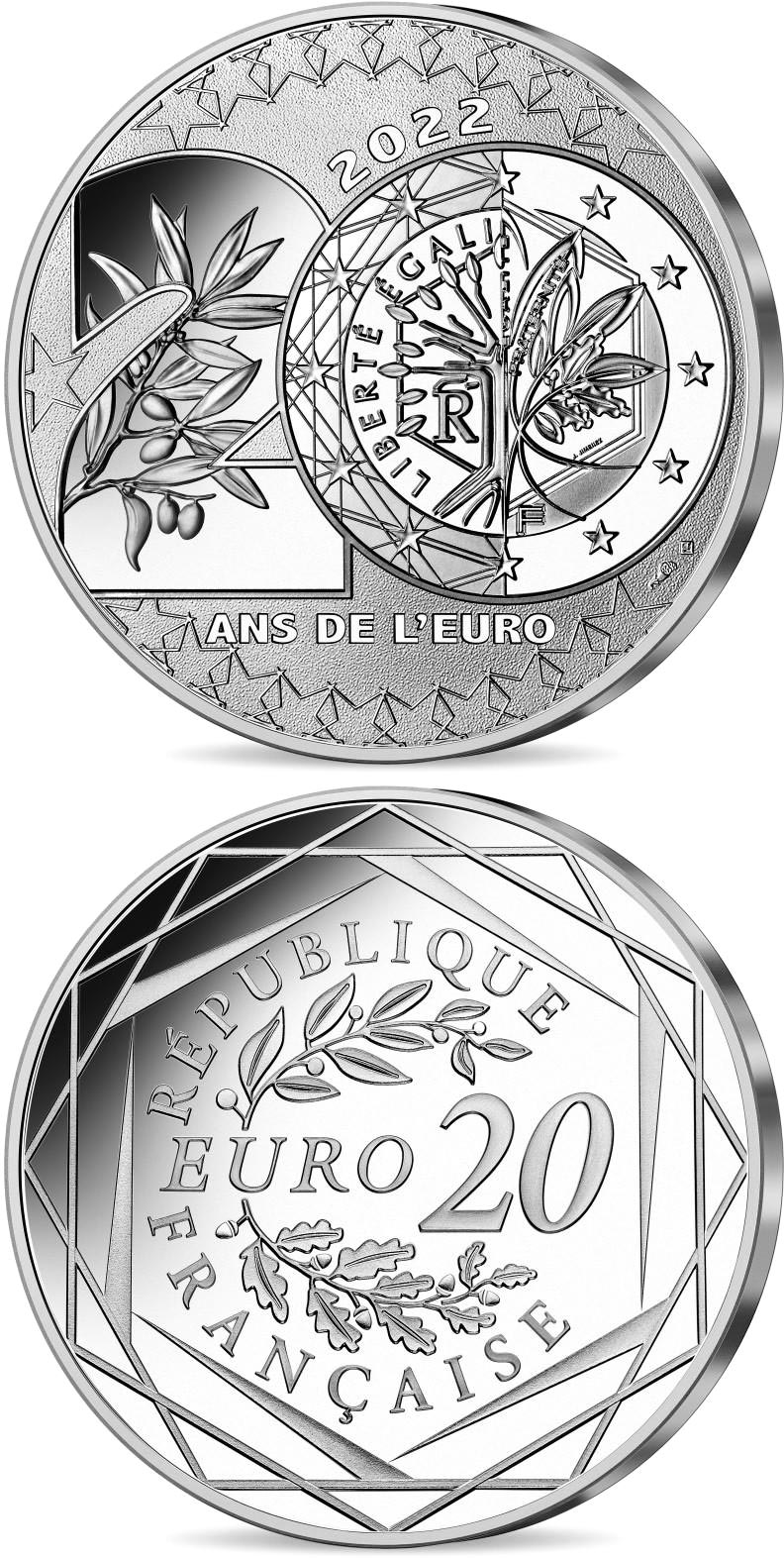 Image of 20 euro coin - 20 years of the Euro | France 2022.  The Silver coin is of UNC quality.