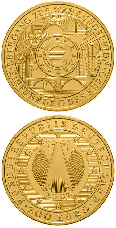 Image of 200 euro coin - Übergang zur Währungsunion - Einführung des Euro | Germany 2002.  The Gold coin is of Proof quality.